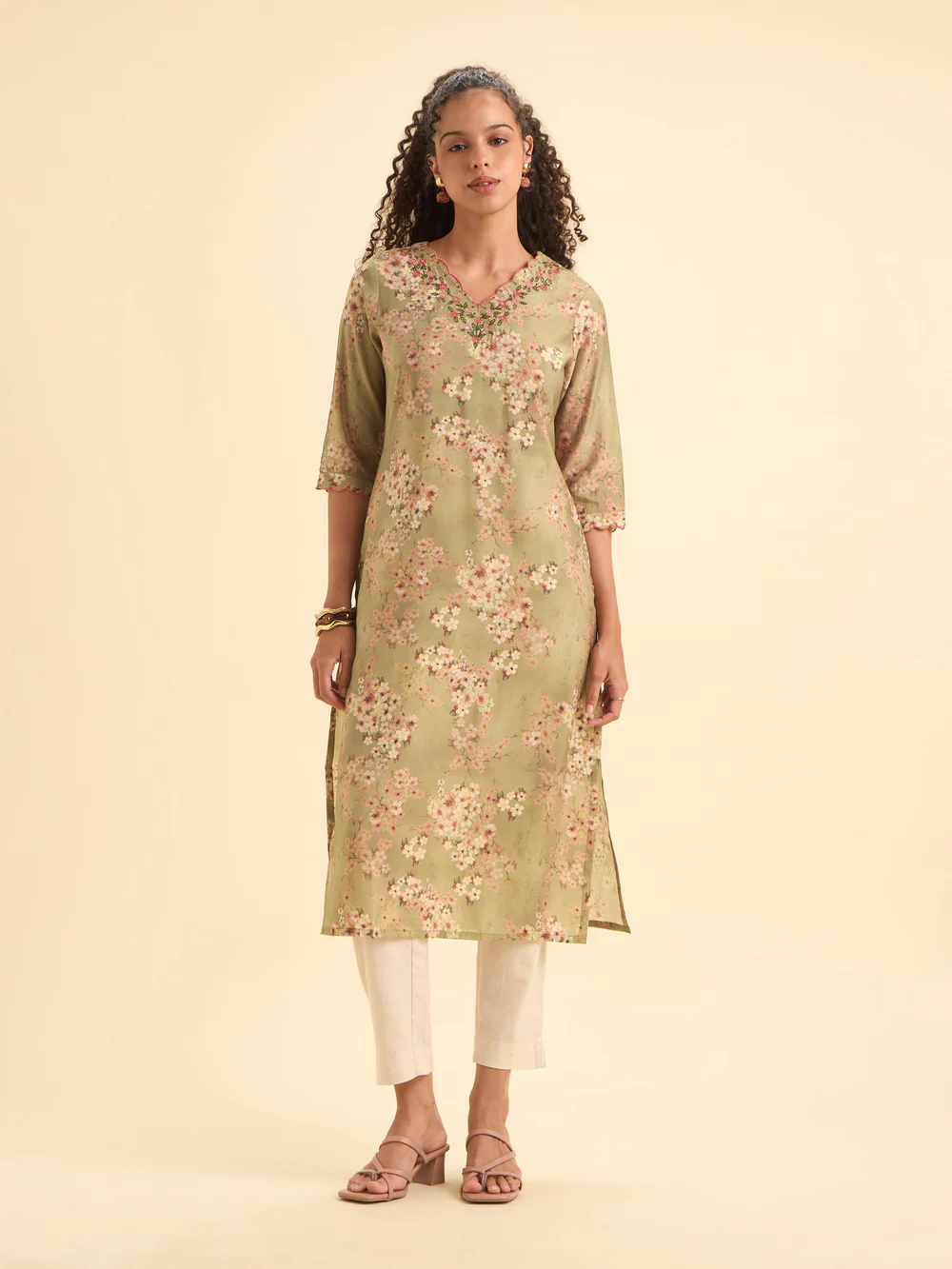 Olive Green Multi Colour Modal Chanderi Printed Slit Kurti With Embroidery Sequins Work view 4