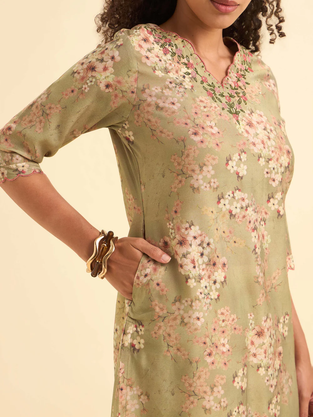 Olive Green Multi Colour Modal Chanderi Printed Slit Kurti With Embroidery Sequins Work